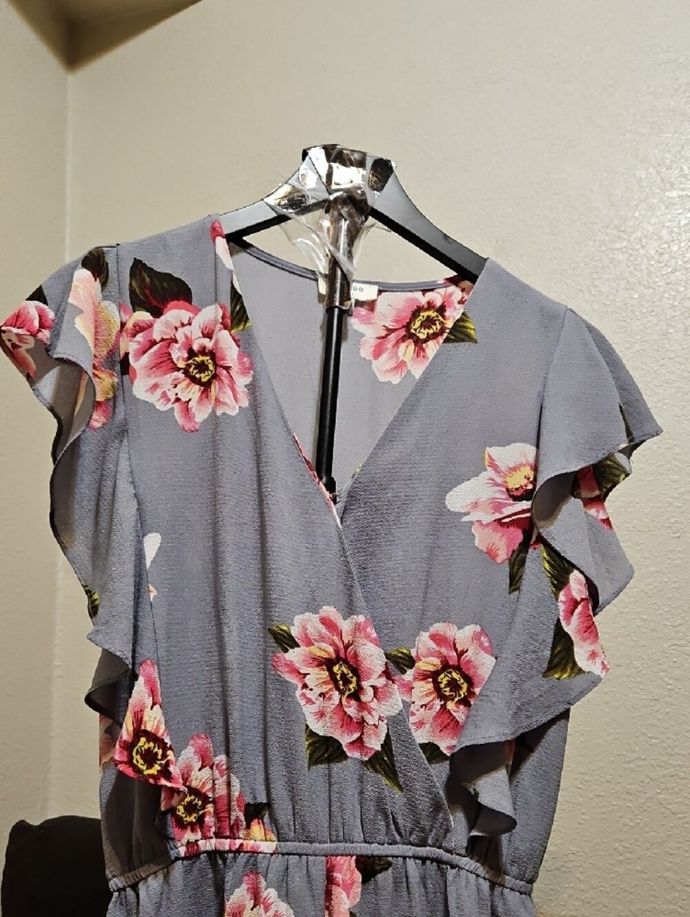 Umgee Gray Floral Wrap Romper with Pink Blooms - Picture 2 of 8